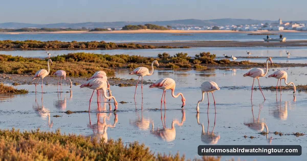 Greater flamingos wading in a salt pan near Faro in the Algarve