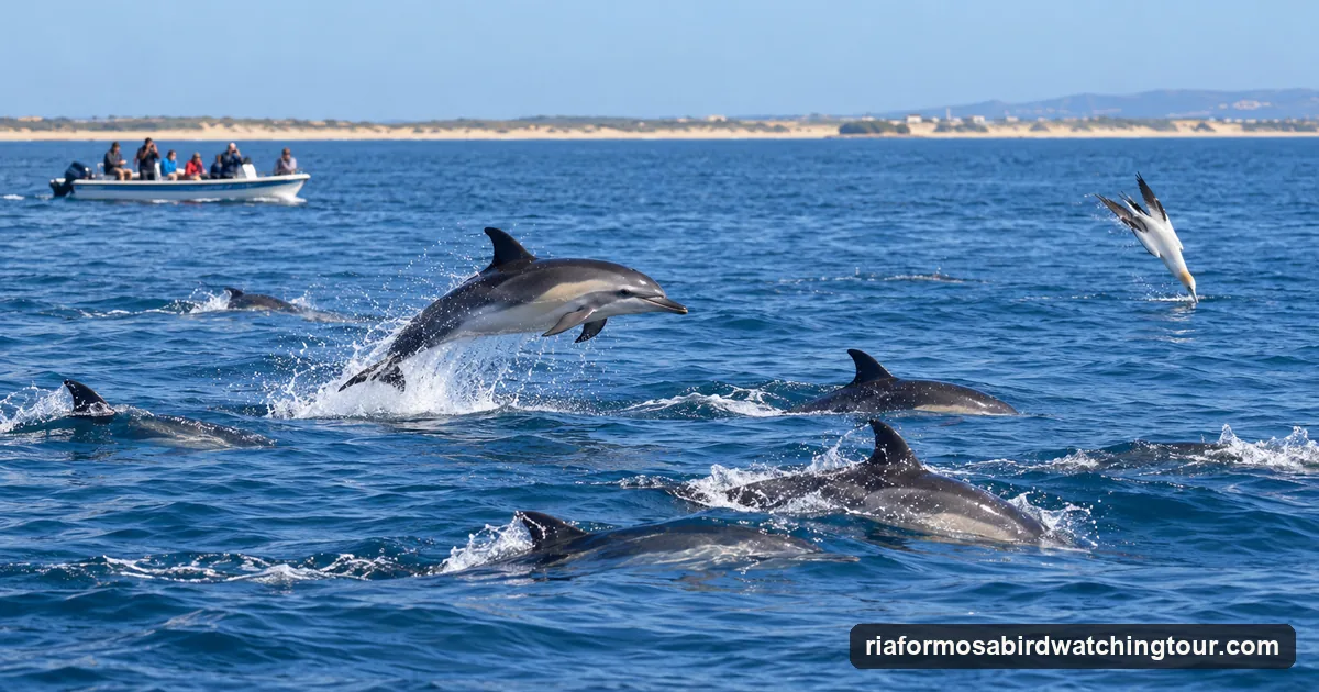 Illustration of common dolphins surfacing off the Algarve coast near Faro, with a small boat keeping its distance and a gannet diving