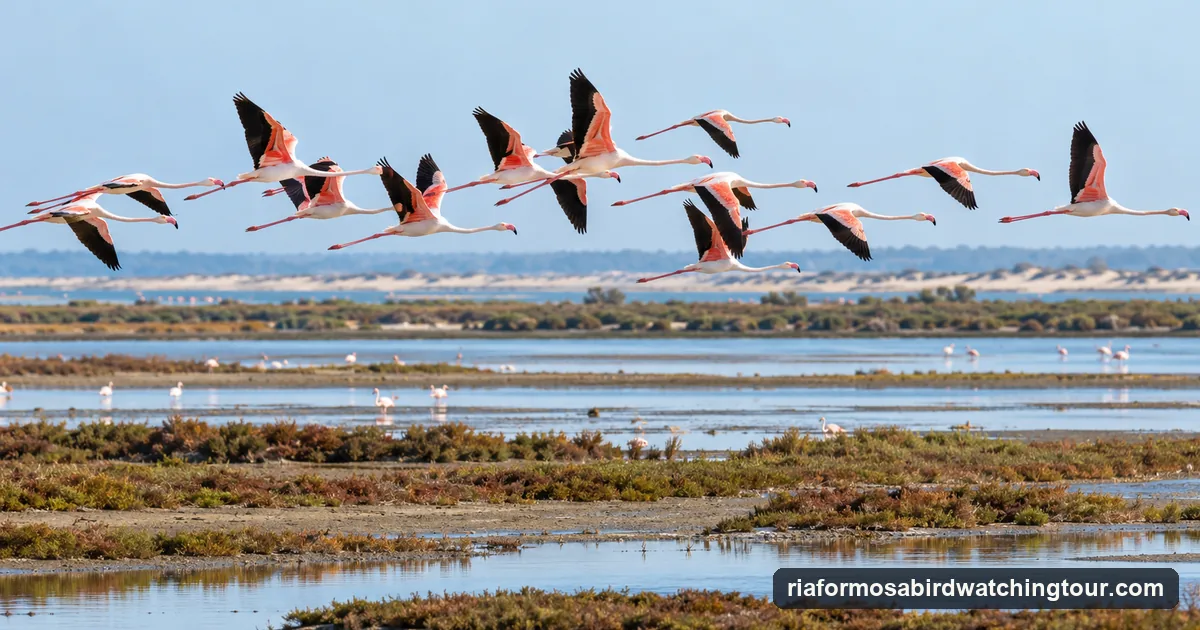 A flock of greater flamingos flying low over the salt pans near Faro in the Algarve