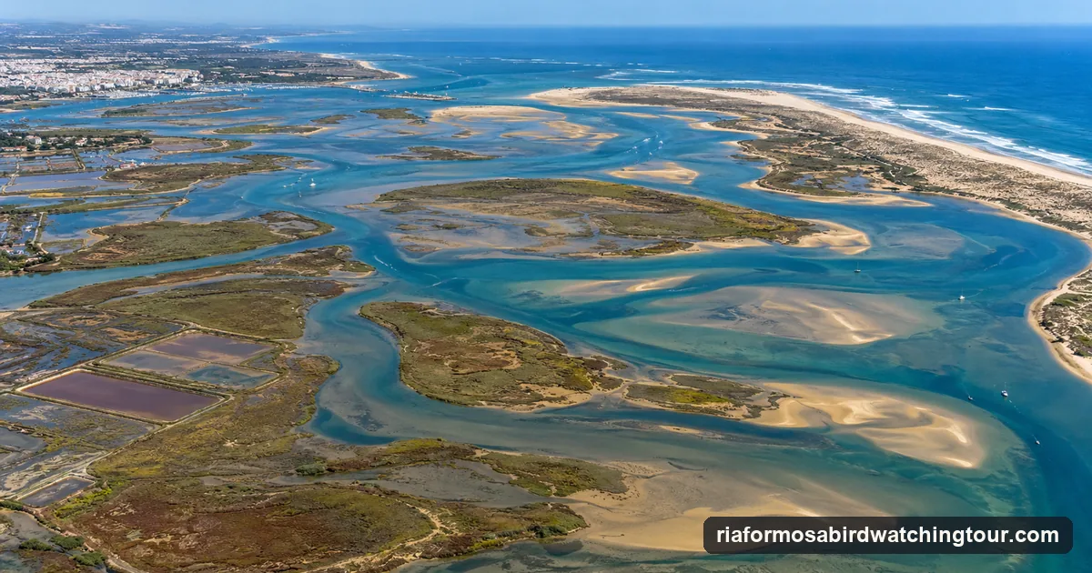 Aerial view of the Ria Formosa lagoon near Faro: tidal channels, sandbanks and barrier islands