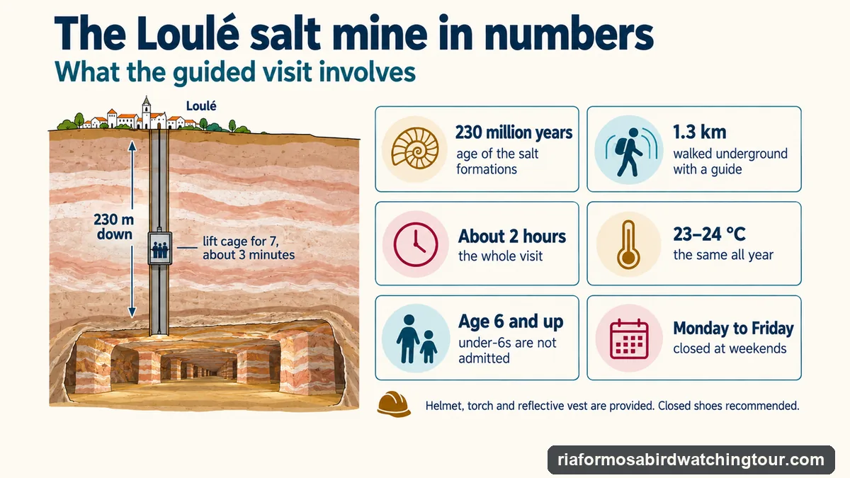 Infographic of the Loule salt mine visit: a lift cage for seven takes three minutes to go 230 metres down; salt formations 230 million years old; a 1.3 km guided walk; about two hours; 23 to 24 C all year; age 6 and up; open Monday to Friday