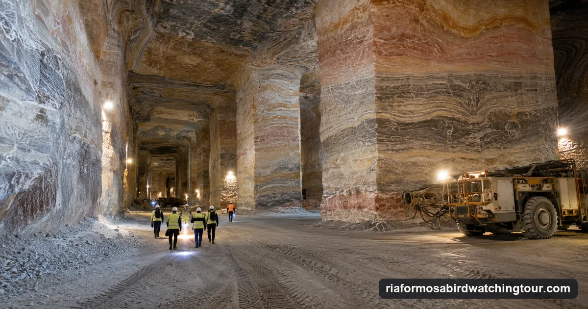 Illustration of visitors in helmets and reflective vests following a guide along a wide salt-walled mine gallery