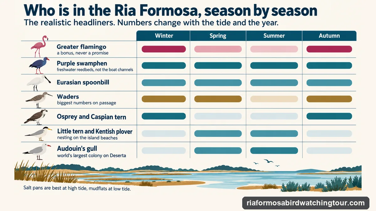 Season-by-season chart of Ria Formosa birds: flamingos strongest in autumn and winter, purple swamphen and spoonbill all year, waders on passage and in winter, ospreys and Caspian terns in winter, little terns, Kentish plovers and Audouin's gulls nesting in spring and summer