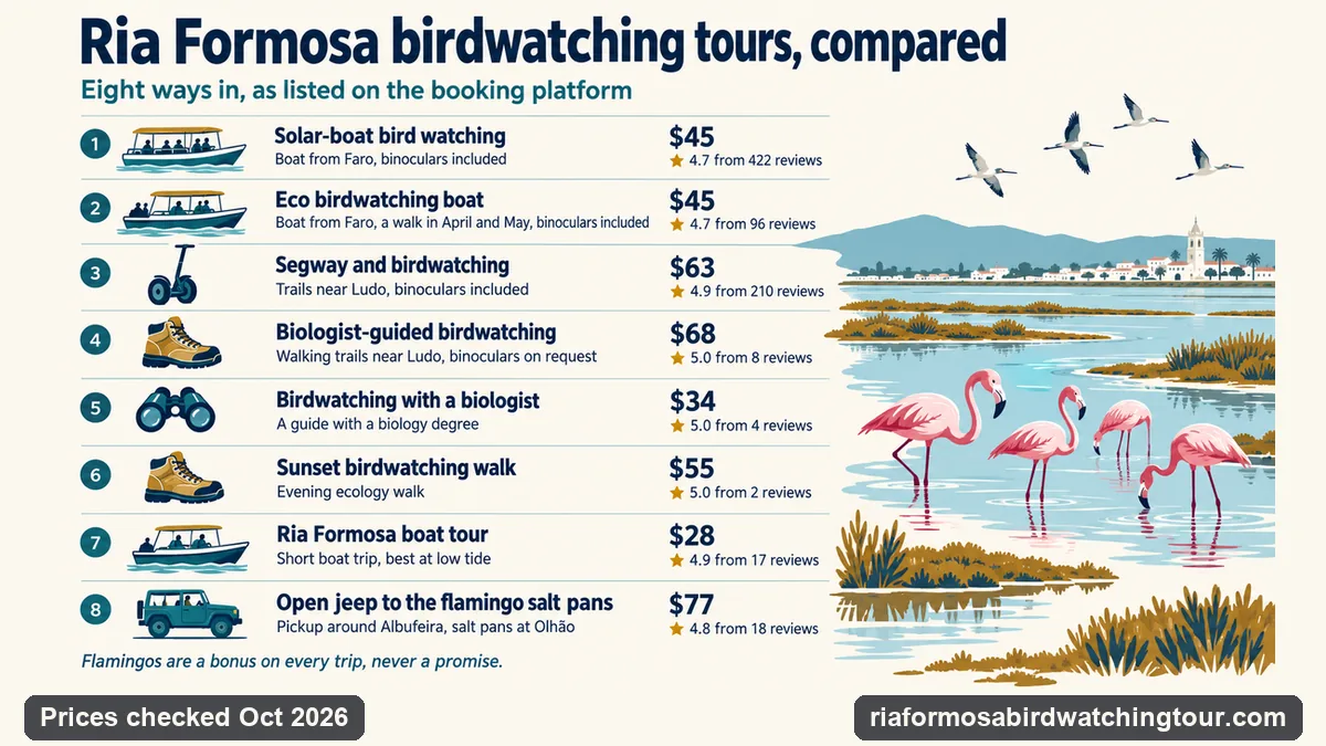 Infographic comparing eight Ria Formosa birdwatching tours by format and price: solar boat and eco boat from Faro at $45, segway at $63, biologist-guided walks at $68 and $34, a sunset walk at $55, a short boat trip at $28 and an open jeep to the Olhao salt pans at $77
