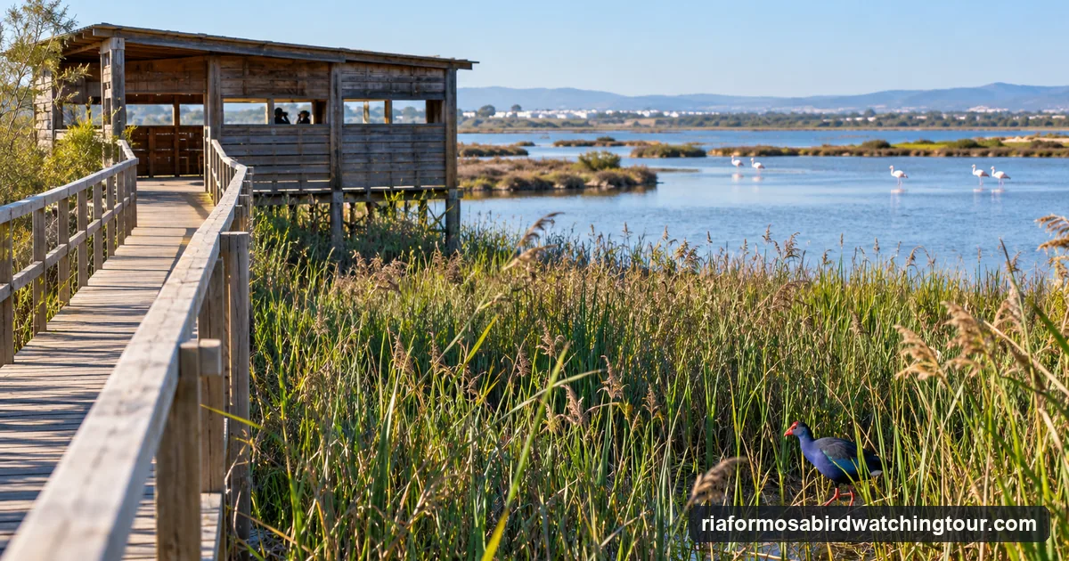 A boardwalk and bird hide beside a reed-fringed lake in the Algarve, a purple swamphen in the reeds